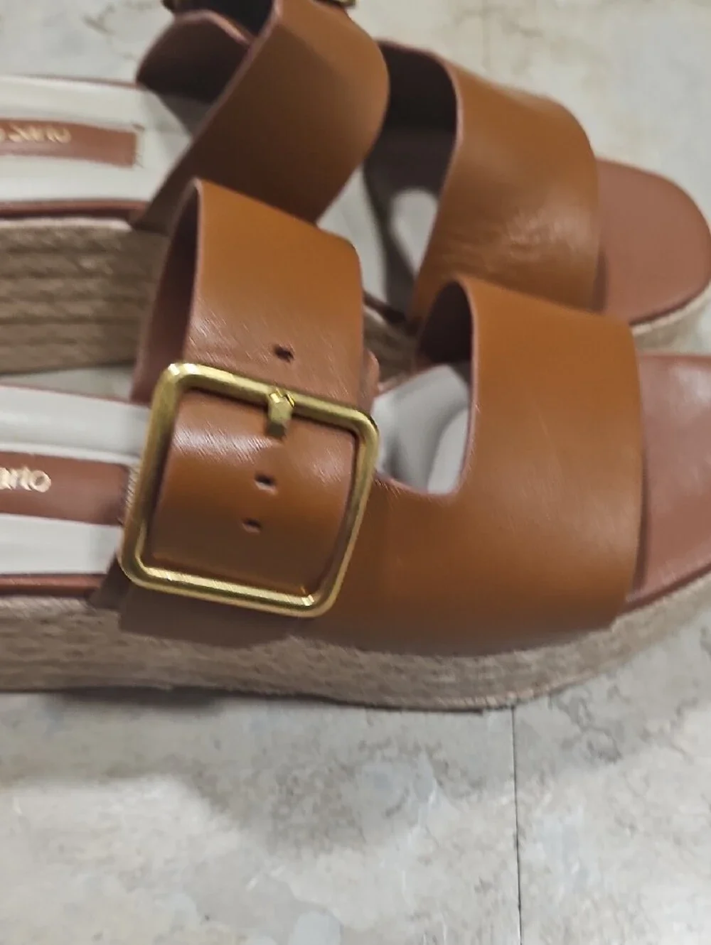 Franco Sarto Tan Brown Leather Double-Band Espadrille Wedges